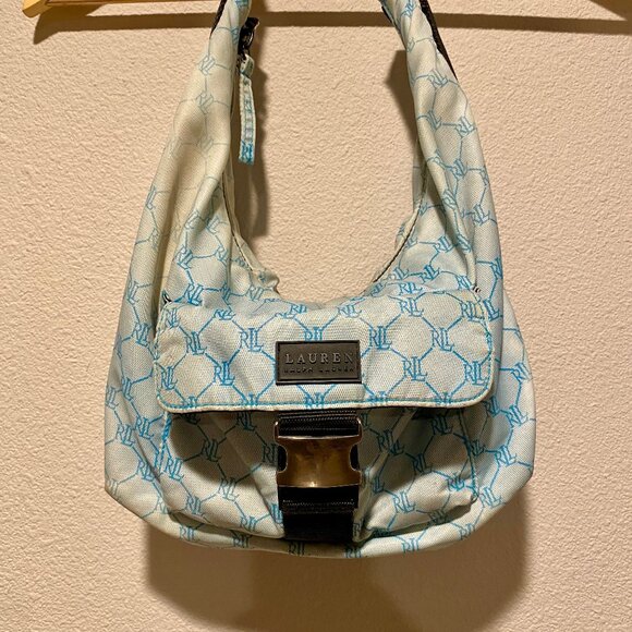 Y2K Ralph‎ Lauren Blue Gray Crescent Shoulder Bag Monogram Purse Vintage - Picture 1 of 7